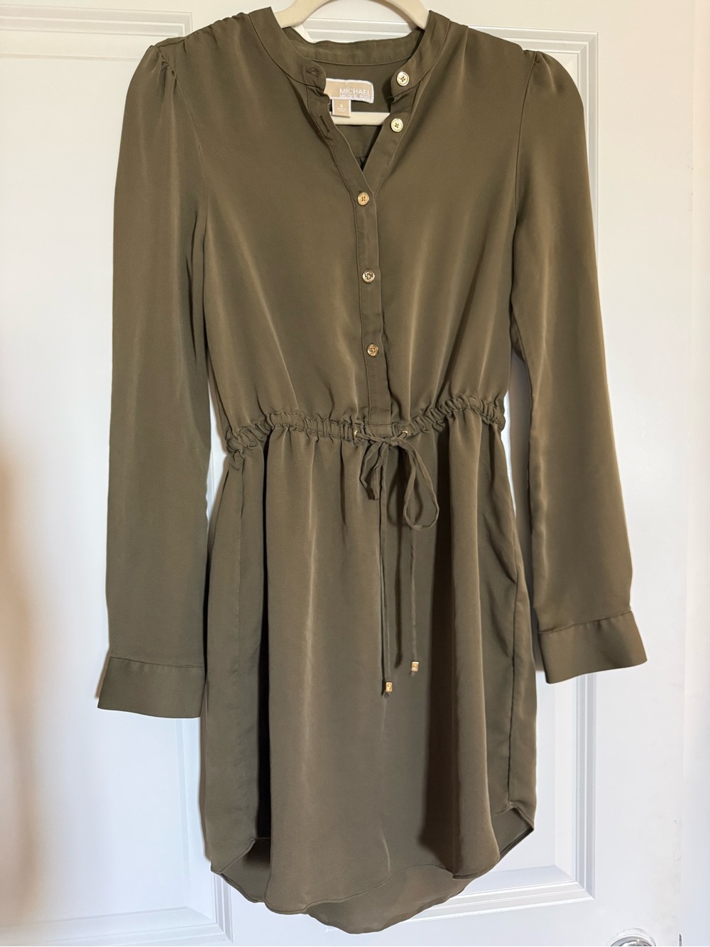 Michael Kors 100% Silk Olive Shirt Dress Drawstring Waist Size S - Picture 2 of 6